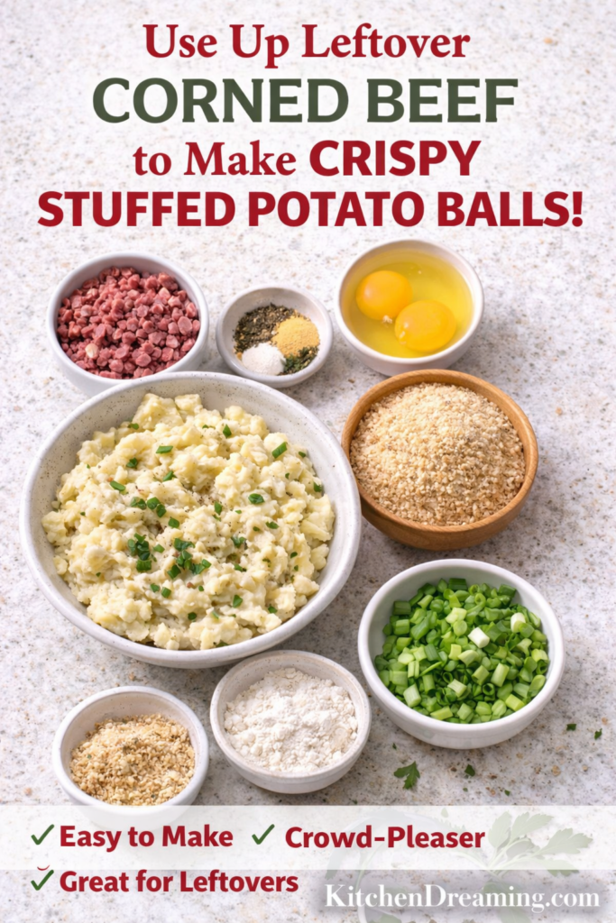 Corned Beef Stuffed Potato Balls Recipe 9 Ingredients arranged for corned beef stuffed potato balls including mashed potatoes and chopped corned beef.