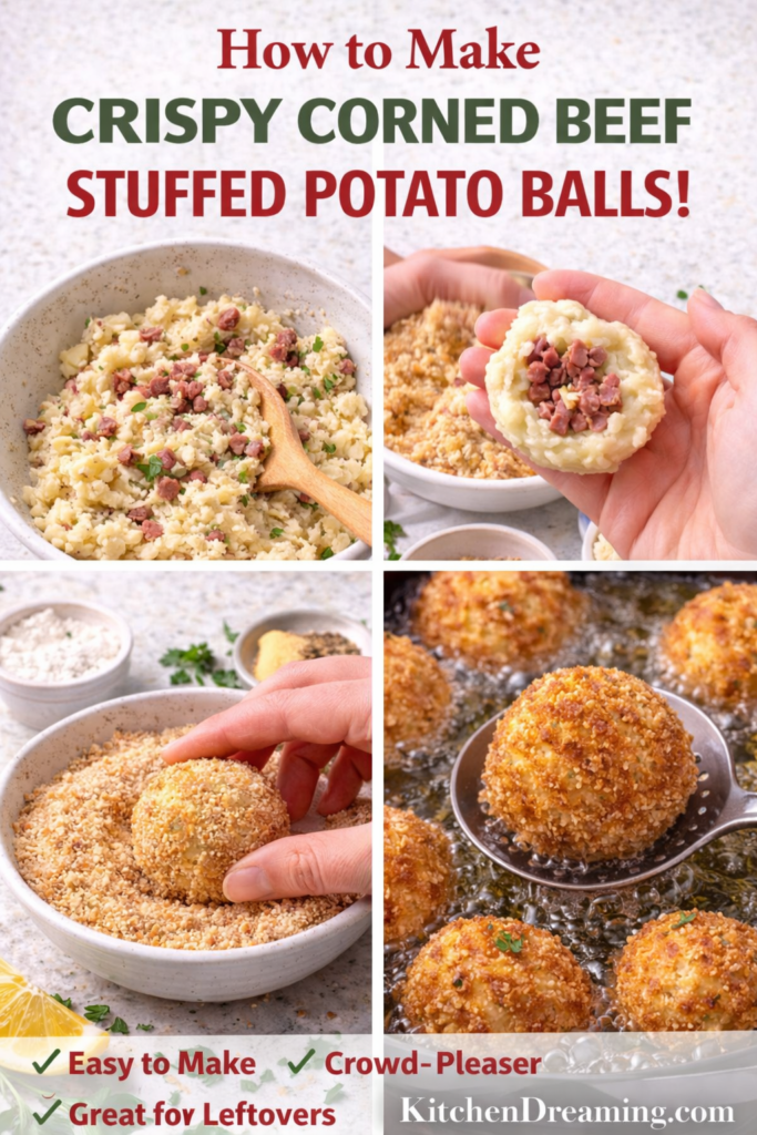 Corned Beef Stuffed Potato Balls Recipe 10 Step-by-step collage of corned beef stuffed potato balls being shaped, coated, and fried until golden.