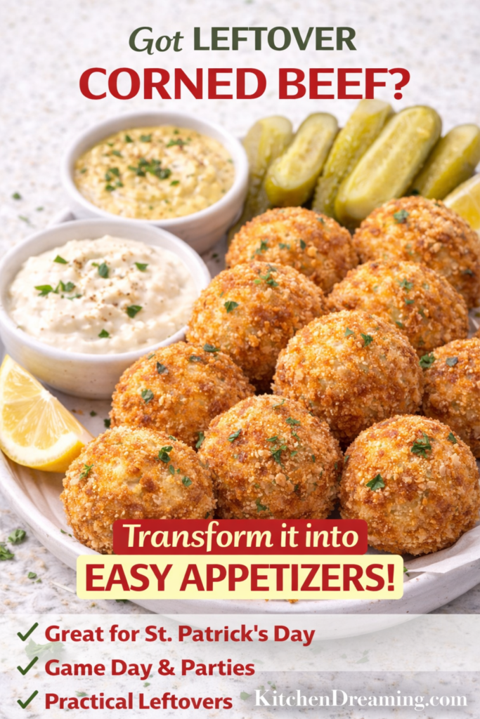 Corned Beef Stuffed Potato Balls Recipe 11 Platter of corned beef stuffed potato balls served with dipping sauces and garnishes.