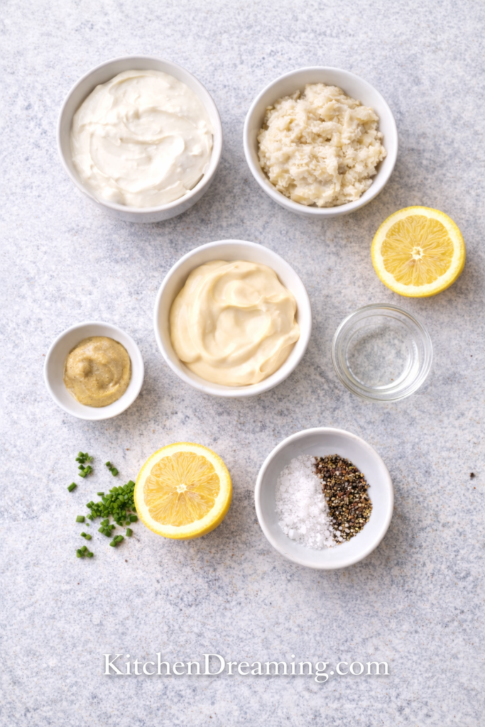 Creamy Horseradish Sauce 2 Ingredients for homemade horseradish sauce arranged in an overhead flat lay.