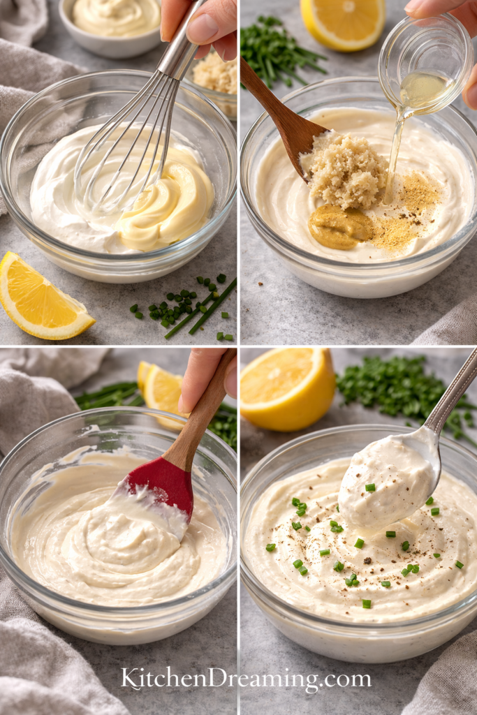Creamy Horseradish Sauce 3 Step by step collage showing how to make creamy horseradish sauce recipe.