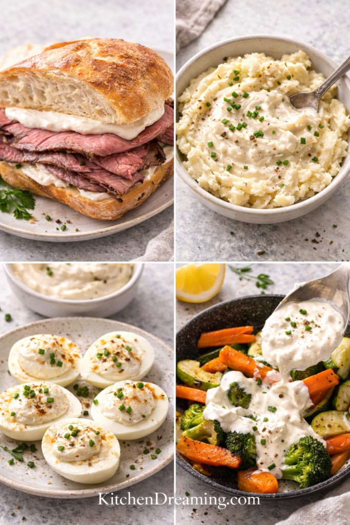 Creamy Horseradish Sauce 5 Leftover horseradish sauce used on sandwiches, mashed potatoes, and deviled eggs.