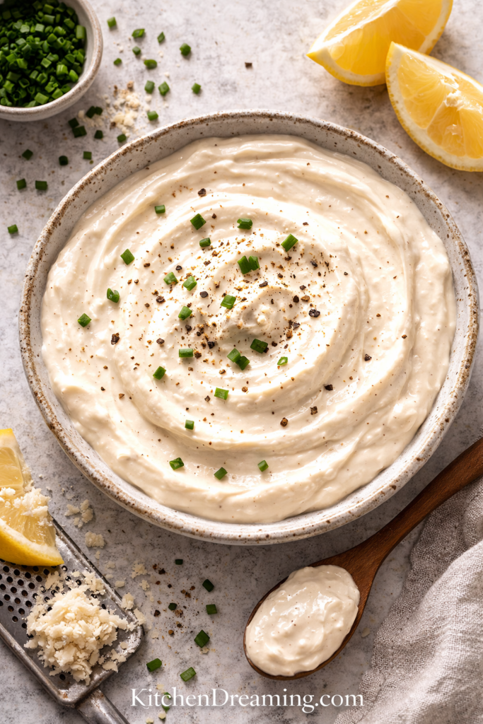 Creamy Horseradish Sauce 6 Close up overhead texture of creamy homemade horseradish sauce.