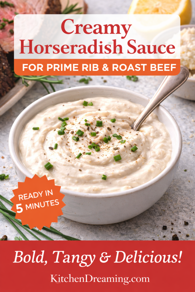 Creamy Horseradish Sauce 9 Horseradish sauce served in a bowl with chives and pepper beside prime rib.