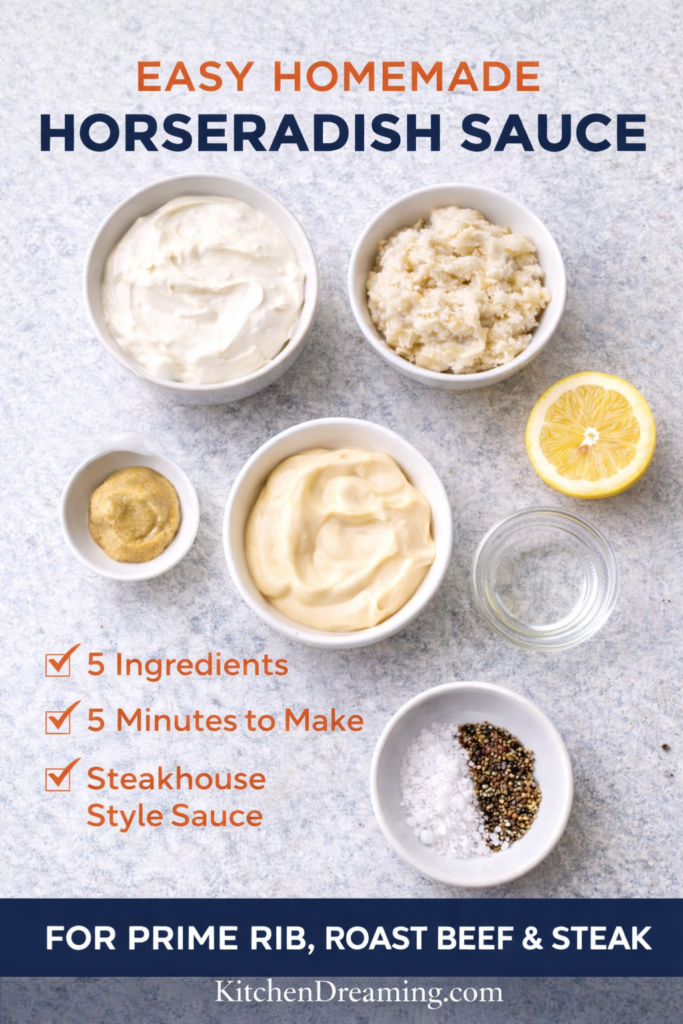Creamy Horseradish Sauce 10 Overhead ingredients for horseradish sauce recipe in bowls on a light background.