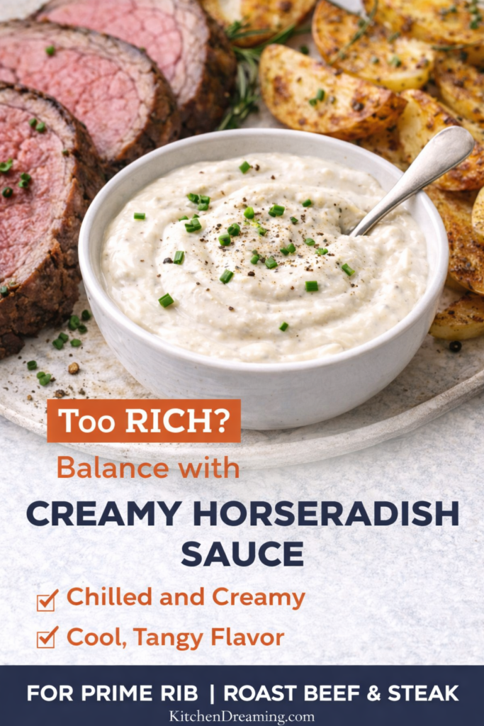 Creamy Horseradish Sauce 12 Horseradish sauce served with prime rib and roasted potatoes on a platter.