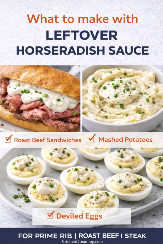 Creamy Horseradish Sauce 13 Leftover horseradish sauce used on sandwiches, mashed potatoes, and deviled eggs.