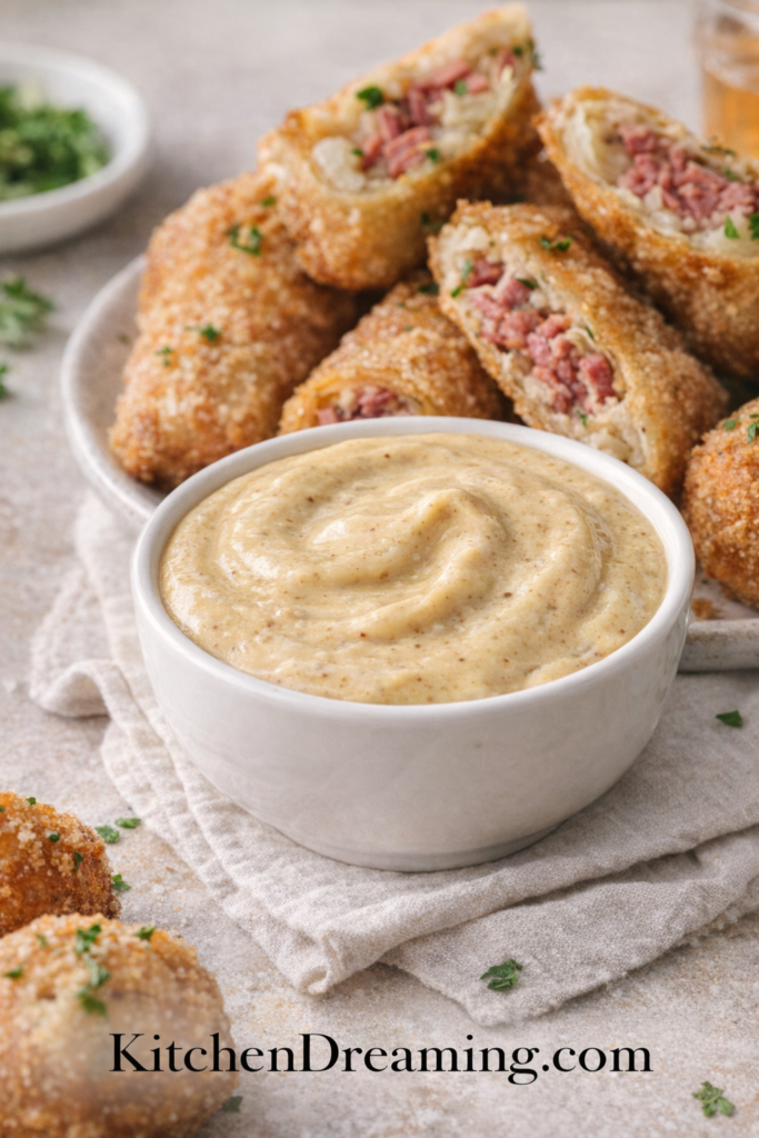 Creamy Mustard Sauce (Sweet Dijon Dipping Sauce) 1 Creamy Mustard Sauce in a white bowl served with crispy corned beef egg rolls.
