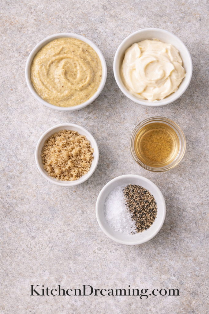 Creamy Mustard Sauce (Sweet Dijon Dipping Sauce) 2 Creamy Mustard Sauce ingredients: Dijon mustard, mayonnaise, brown sugar, vinegar, salt, and pepper.