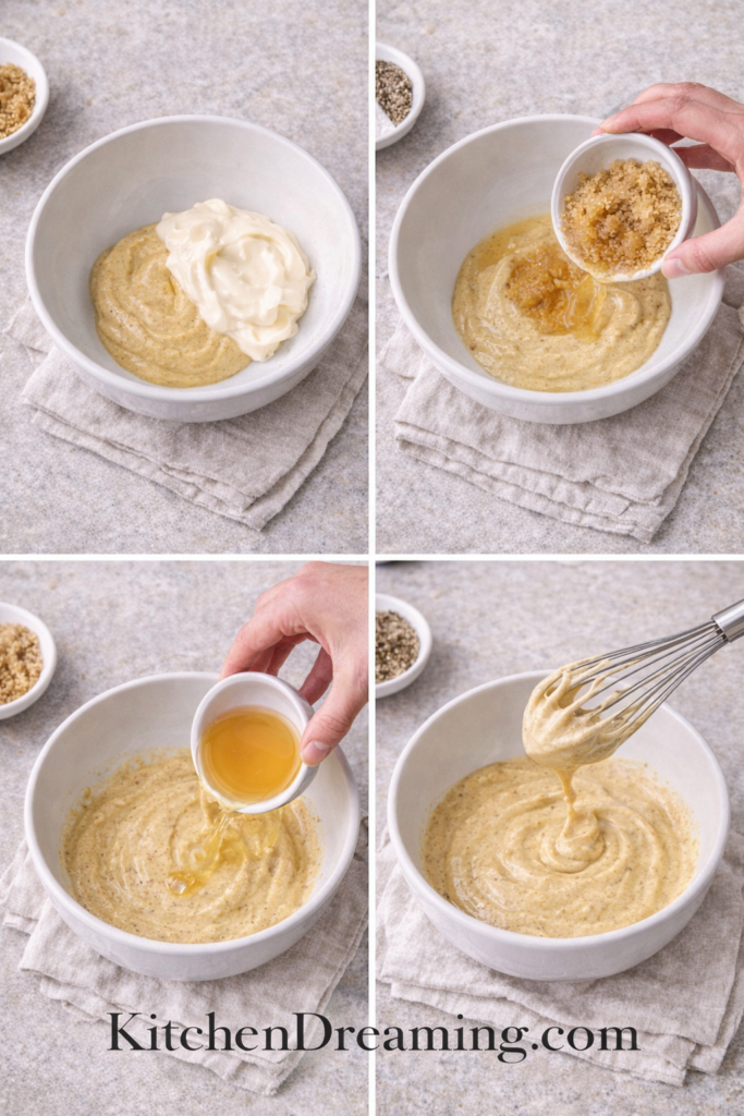 Creamy Mustard Sauce (Sweet Dijon Dipping Sauce) 3 Creamy Mustard Sauce step-by-step collage, whisking Dijon mustard, mayo, sugar, and vinegar.