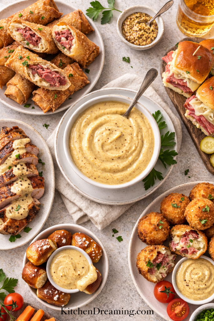 Creamy Mustard Sauce (Sweet Dijon Dipping Sauce) 4 Creamy Mustard Sauce served with corned beef appetizers, sliders, and vegetables for dipping.