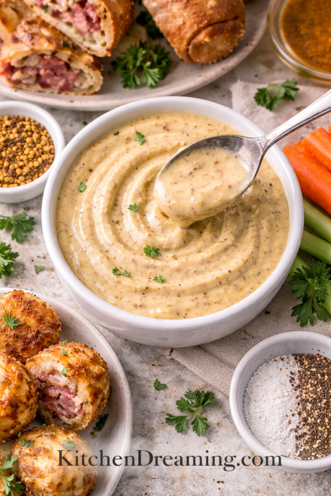 Creamy Mustard Sauce (Sweet Dijon Dipping Sauce) 6 Creamy Mustard Sauce close-up showing thick, swirled texture with Dijon specks and seasoning.