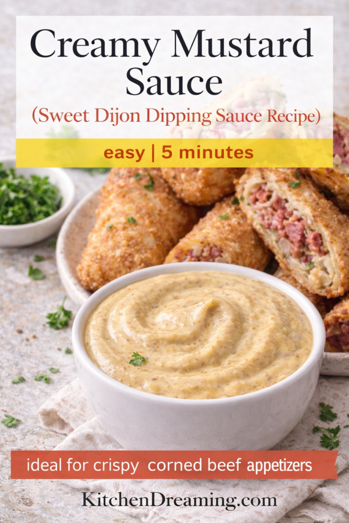Creamy Mustard Sauce (Sweet Dijon Dipping Sauce) 9 Creamy Mustard Sauce served as a sweet Dijon dipping sauce with corned beef egg rolls.