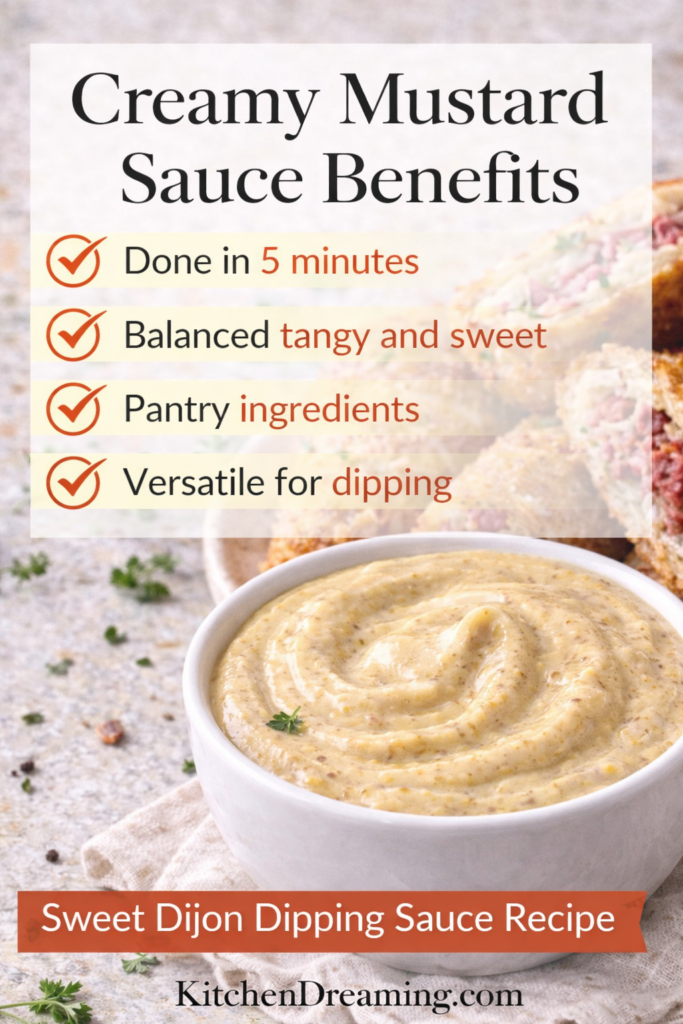 Creamy Mustard Sauce (Sweet Dijon Dipping Sauce) 10 Creamy Mustard Sauce benefits shown with a bowl of sweet Dijon dipping sauce.