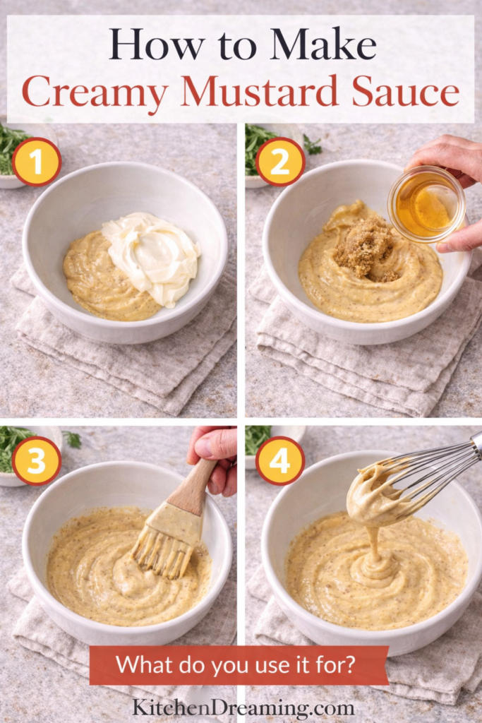 Creamy Mustard Sauce (Sweet Dijon Dipping Sauce) 11 Creamy Mustard Sauce step-by-step collage showing mixing and whisking to a thick dip.