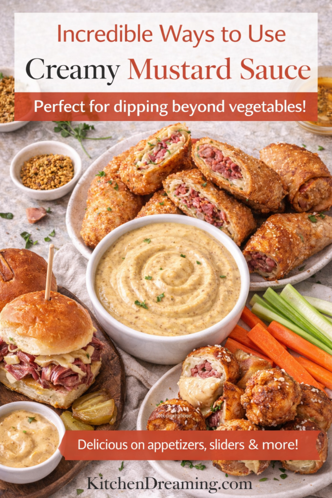 Creamy Mustard Sauce (Sweet Dijon Dipping Sauce) 12 Creamy Mustard Sauce paired with appetizers as a sweet Dijon dipping sauce.