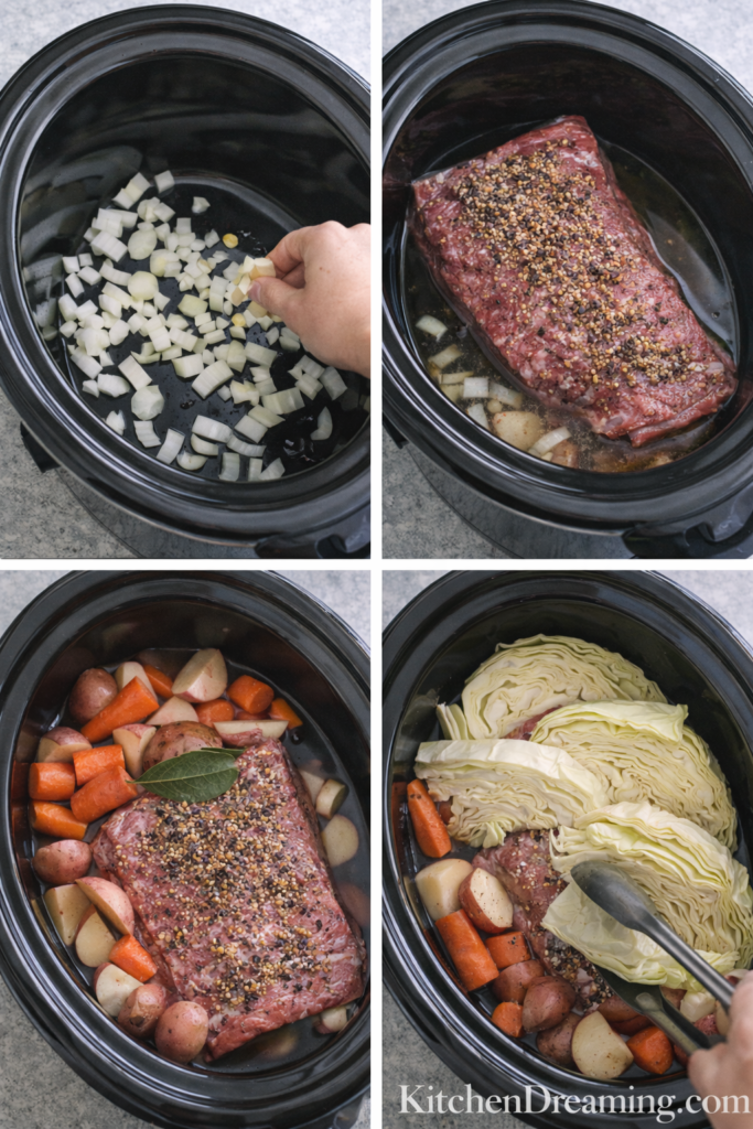 Crock Pot Corned Beef and Cabbage (Easy Slow Cooker Recipe) 3 Step-by-step collage of crock pot corned beef and cabbage in slow cooker.