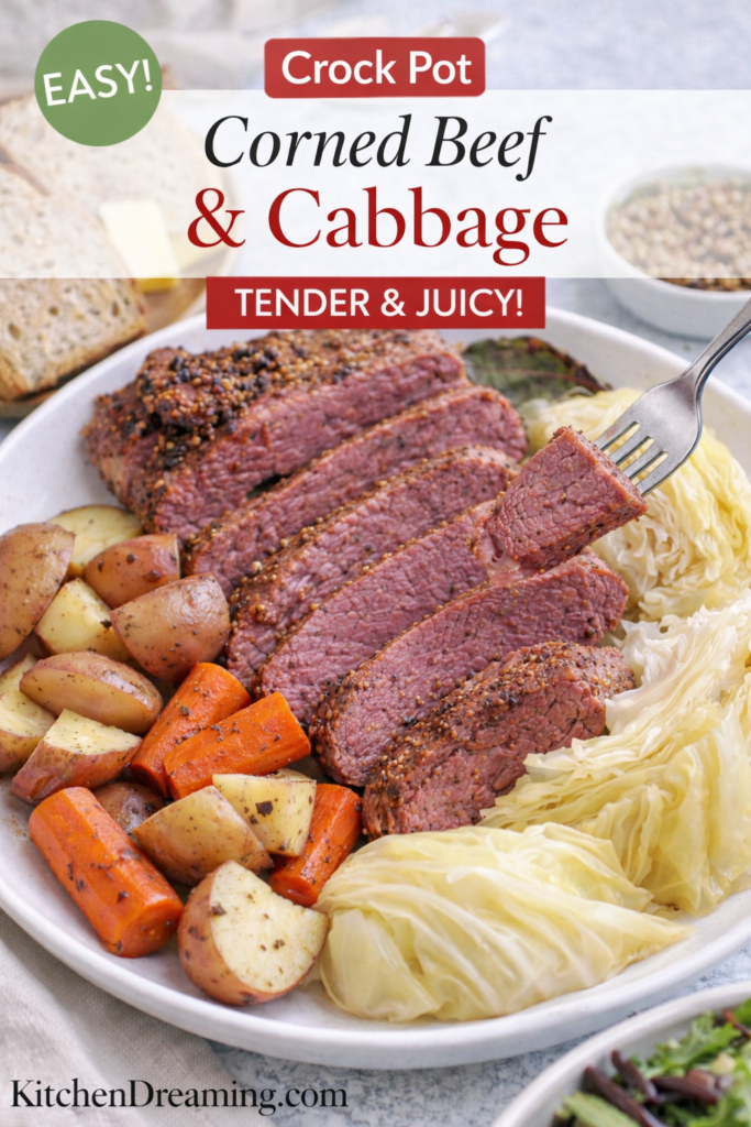 Crock Pot Corned Beef and Cabbage (Easy Slow Cooker Recipe) 9 Crock pot corned beef and cabbage plated with potatoes and carrots.