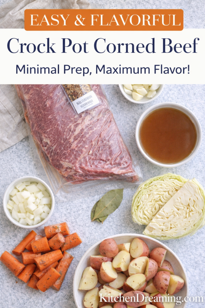 Crock Pot Corned Beef and Cabbage (Easy Slow Cooker Recipe) 10 Ingredients for crock pot corned beef and cabbage in overhead flat lay.