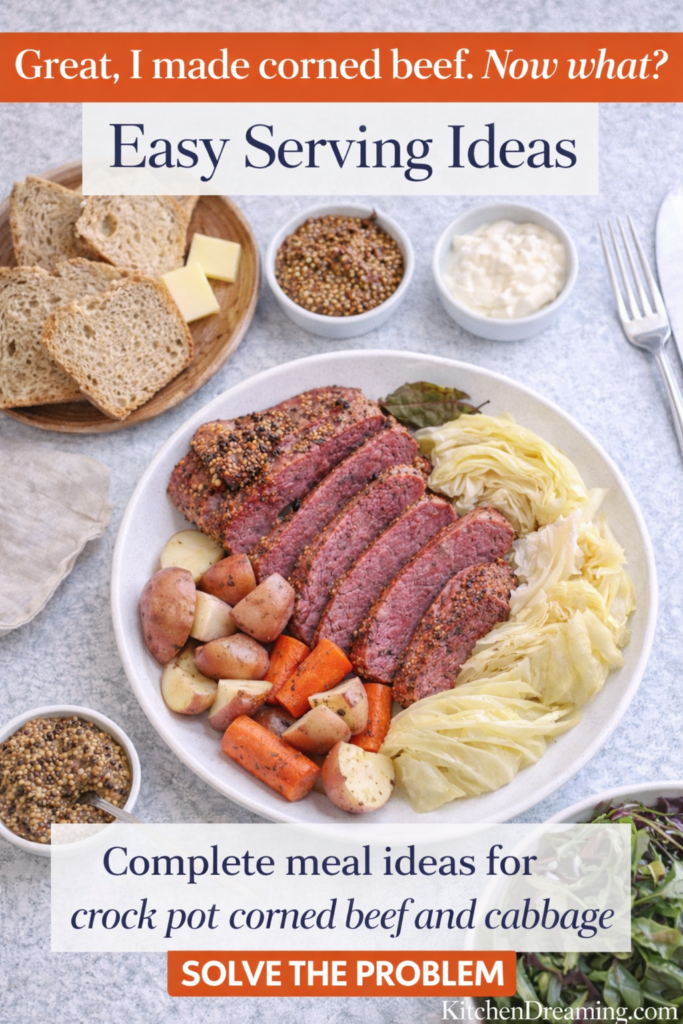 Crock Pot Corned Beef and Cabbage (Easy Slow Cooker Recipe) 12 Crock pot corned beef and cabbage served with bread and condiments.