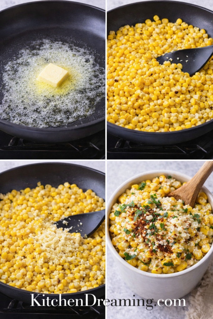 Authentic Esquites (Mexican Street Corn in a Cup) 3 Esquites step-by-step collage showing sautéed corn, mixing, and finished cup.