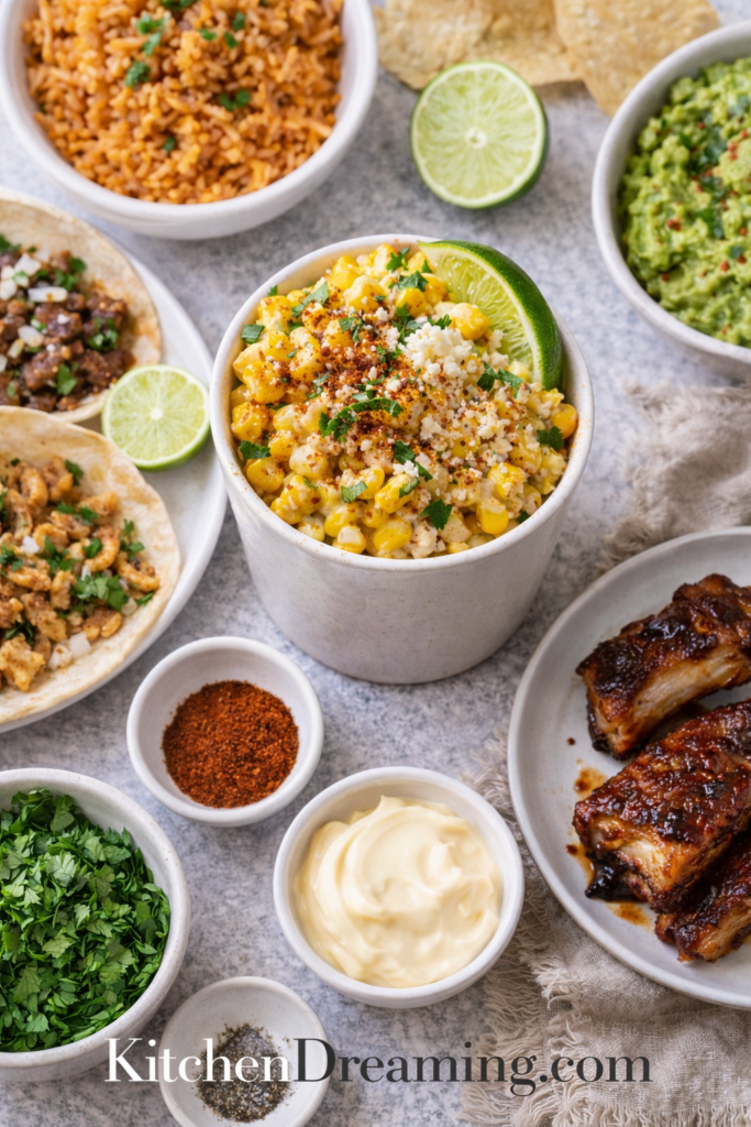 Authentic Esquites (Mexican Street Corn in a Cup) 4 Esquites served with tacos, rice, guacamole, and lime, overhead flat lay.