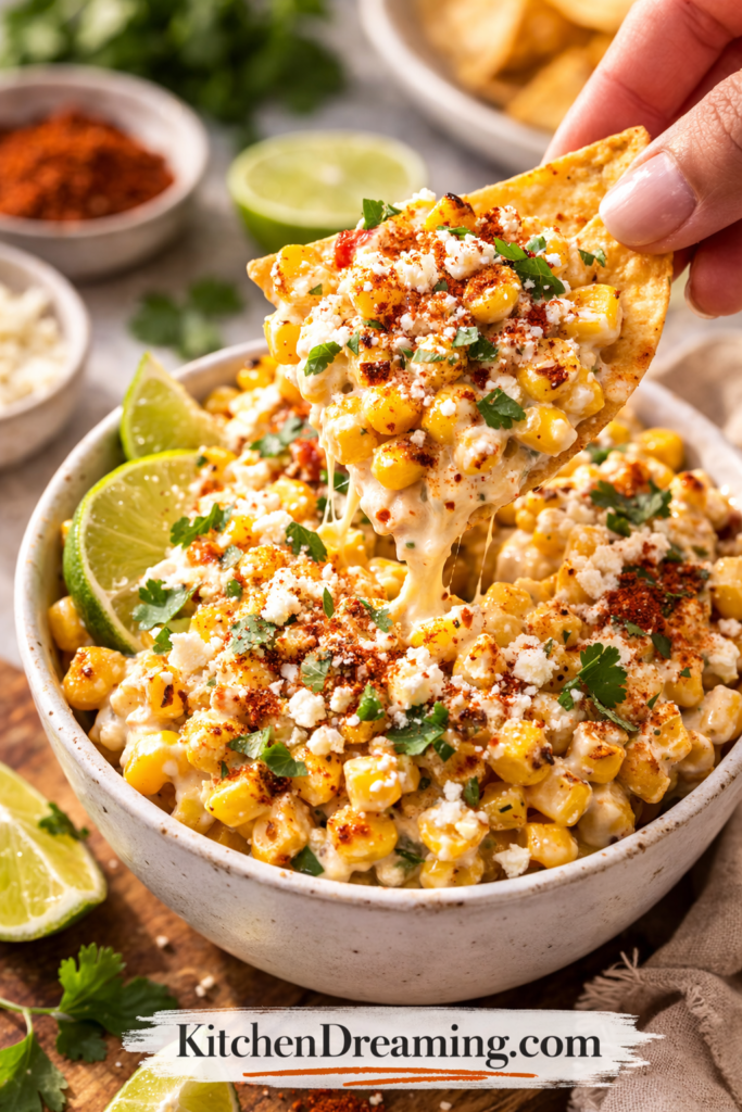Authentic Esquites (Mexican Street Corn in a Cup) 6 Esquites on a tortilla chip held above a bowl with cotija, chili, and lime.