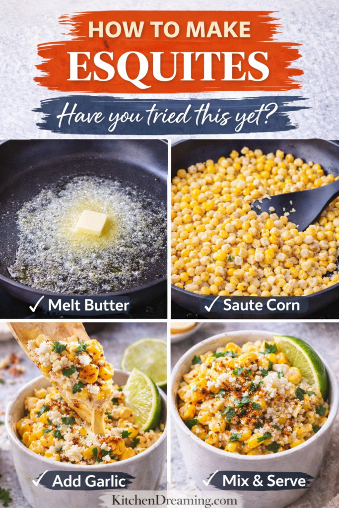 Authentic Esquites (Mexican Street Corn in a Cup) 11 Esquites step-by-step collage showing sautéed corn, mixing, and serving.