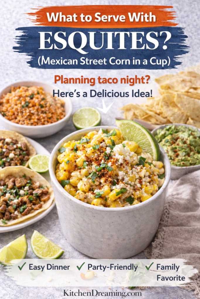 Authentic Esquites (Mexican Street Corn in a Cup) 12 Esquites served with tacos, rice, guacamole, and lime, overhead spread.