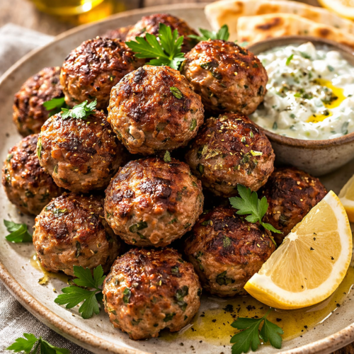 Greek Meatballs (keftedes) served with tzatziki, pita, and lemon wedges.