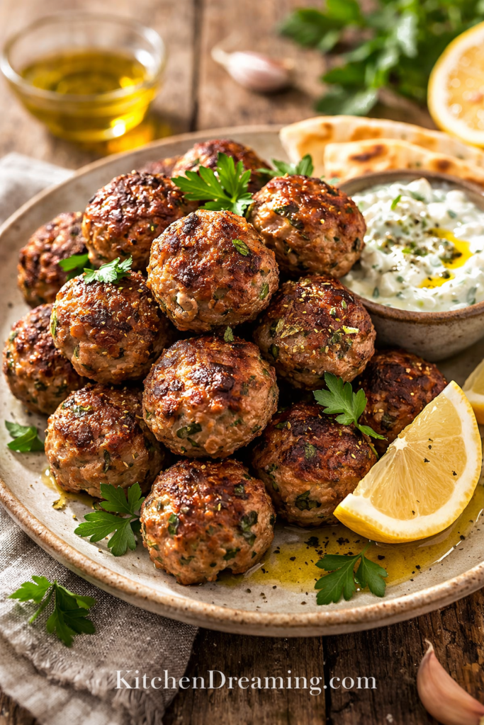 Greek Meatballs served with tzatziki, lemon wedges, and grilled pita bread.