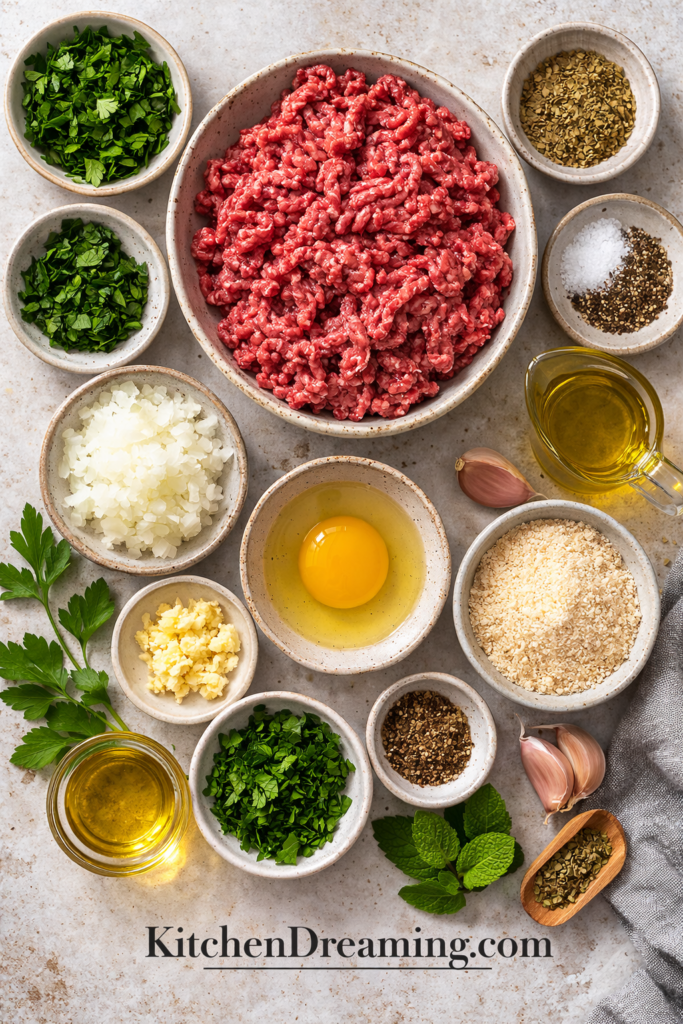 Greek Meatballs (Keftedes) – Authentic, Juicy & Easy Recipe 2 Greek Meatballs ingredients including ground beef, herbs, breadcrumbs, and egg.