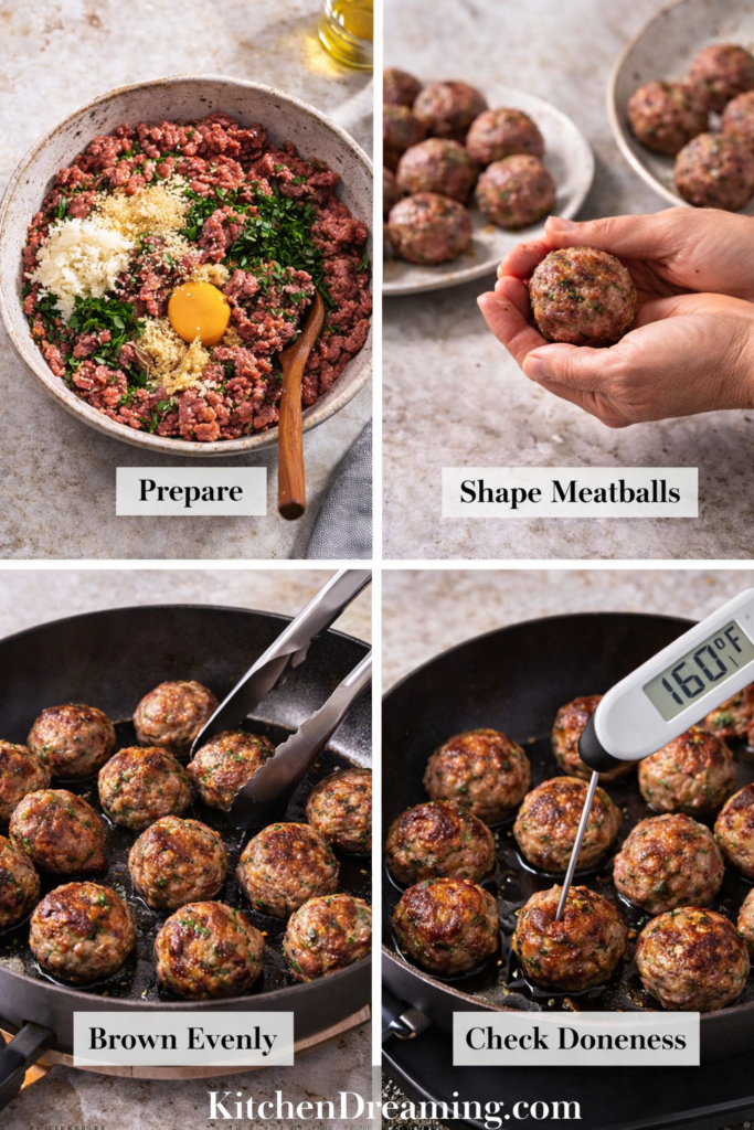 Greek Meatballs (Keftedes) – Authentic, Juicy & Easy Recipe 3 Greek Meatballs being mixed, shaped, browned, and cooked to temperature.