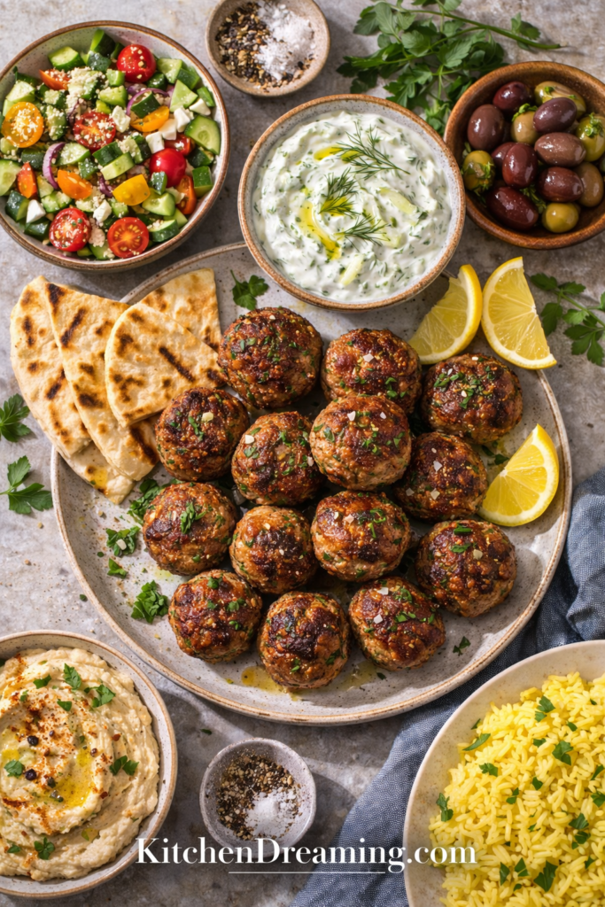 Greek Meatballs (Keftedes) – Authentic, Juicy & Easy Recipe 4 Greek Meatballs platter served with tzatziki, rice, salad, olives, and pita.