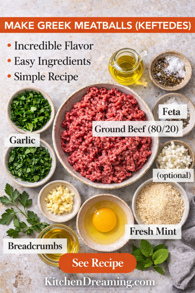 Greek Meatballs (Keftedes) – Authentic, Juicy & Easy Recipe 10 Greek Meatballs ingredients flat lay with ground beef, herbs, and breadcrumbs.