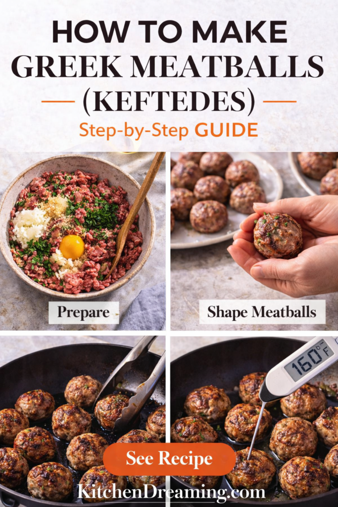 Greek Meatballs (Keftedes) – Authentic, Juicy & Easy Recipe 11 Greek Meatballs being mixed, shaped, browned, and cooked to temperature.