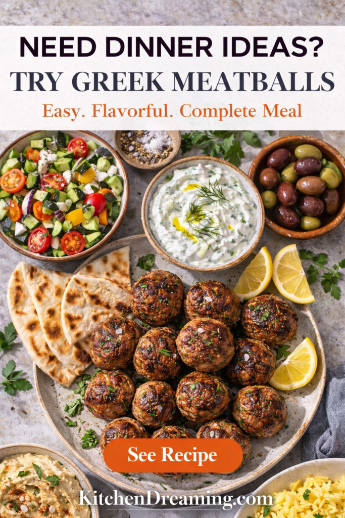 Greek Meatballs (Keftedes) – Authentic, Juicy & Easy Recipe 12 Greek Meatballs platter with tzatziki, rice, salad, olives, and pita.