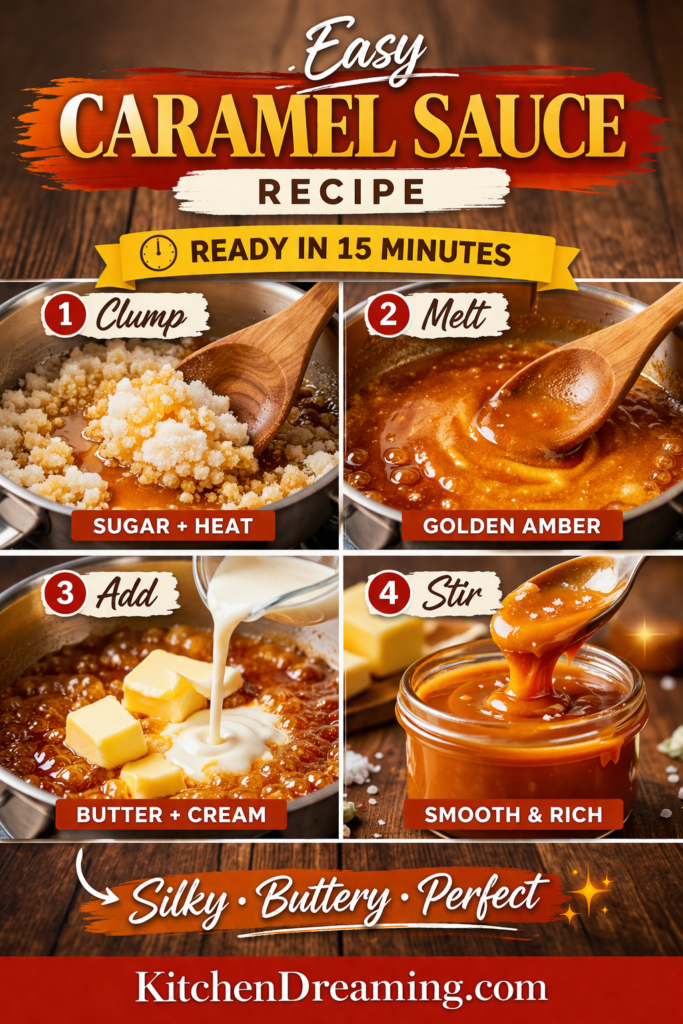 How to Make Homemade Caramel Sauce (Easy Foolproof Recipe) 13 How to make homemade caramel step by step in a saucepan with butter and cream.