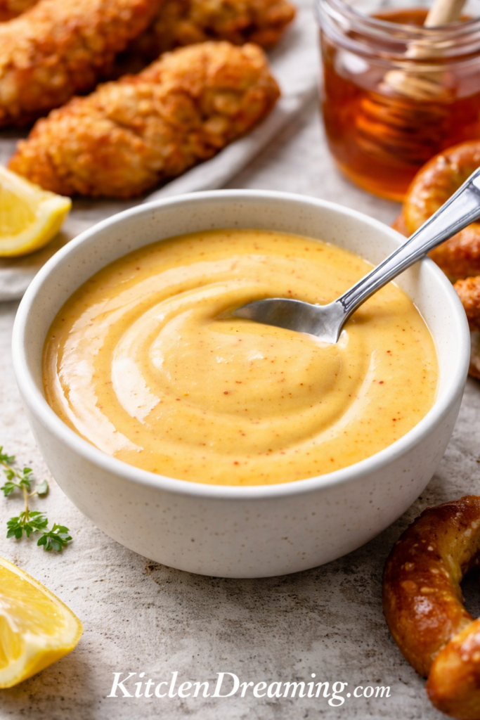 Hot Honey Mustard Recipe (Creamy Sweet and Spicy Dipping Sauce) 1 Hot honey mustard recipe in a white bowl with chicken tenders, pretzels, and honey.