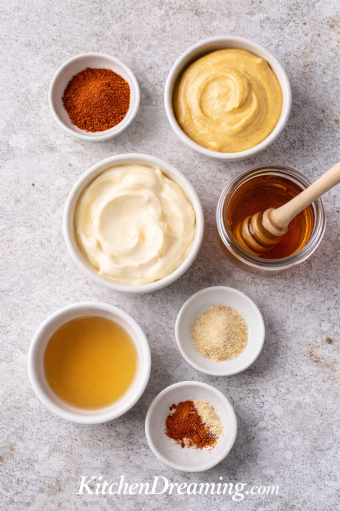 Hot Honey Mustard Recipe (Creamy Sweet and Spicy Dipping Sauce) 2 Hot honey mustard recipe ingredients arranged in an overhead flat lay with Dijon, mayo, and hot honey.