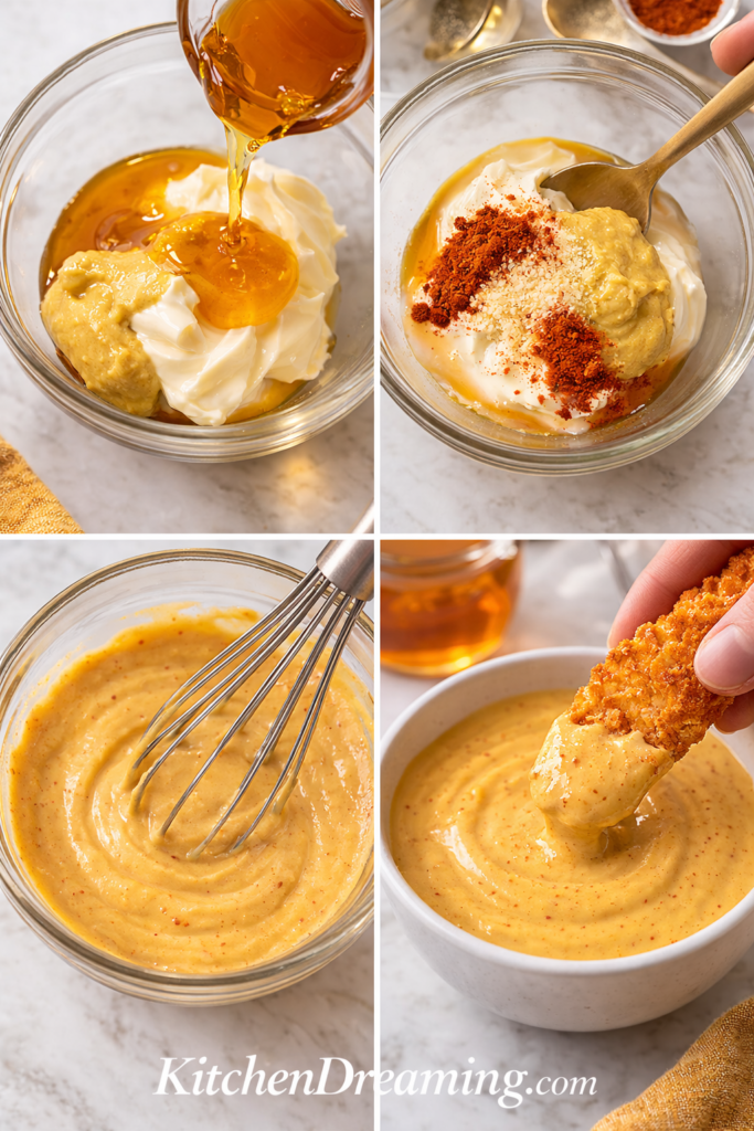 Hot Honey Mustard Recipe (Creamy Sweet and Spicy Dipping Sauce) 3 Hot honey mustard recipe step-by-step collage showing mixing, whisking, and finished sauce.