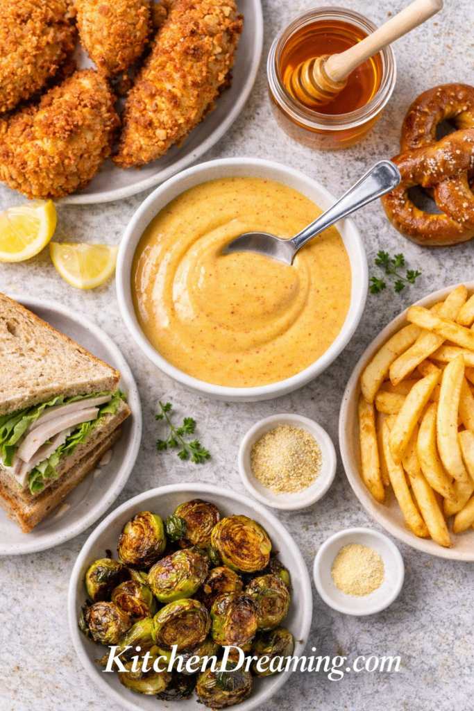 Hot Honey Mustard Recipe (Creamy Sweet and Spicy Dipping Sauce) 4 Hot honey mustard recipe served with chicken tenders, fries, pretzels, sandwich, and vegetables.