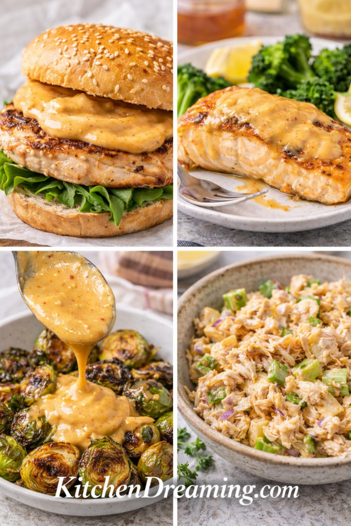Hot Honey Mustard Recipe (Creamy Sweet and Spicy Dipping Sauce) 5 Hot honey mustard recipe leftovers used on sandwiches, salmon, vegetables, and chicken salad.