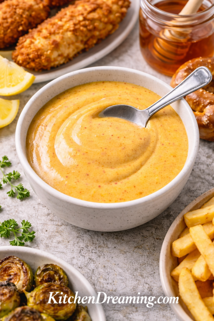 Hot Honey Mustard Recipe (Creamy Sweet and Spicy Dipping Sauce) 6 Hot honey mustard recipe close-up showing creamy texture in a bowl with dipping foods.