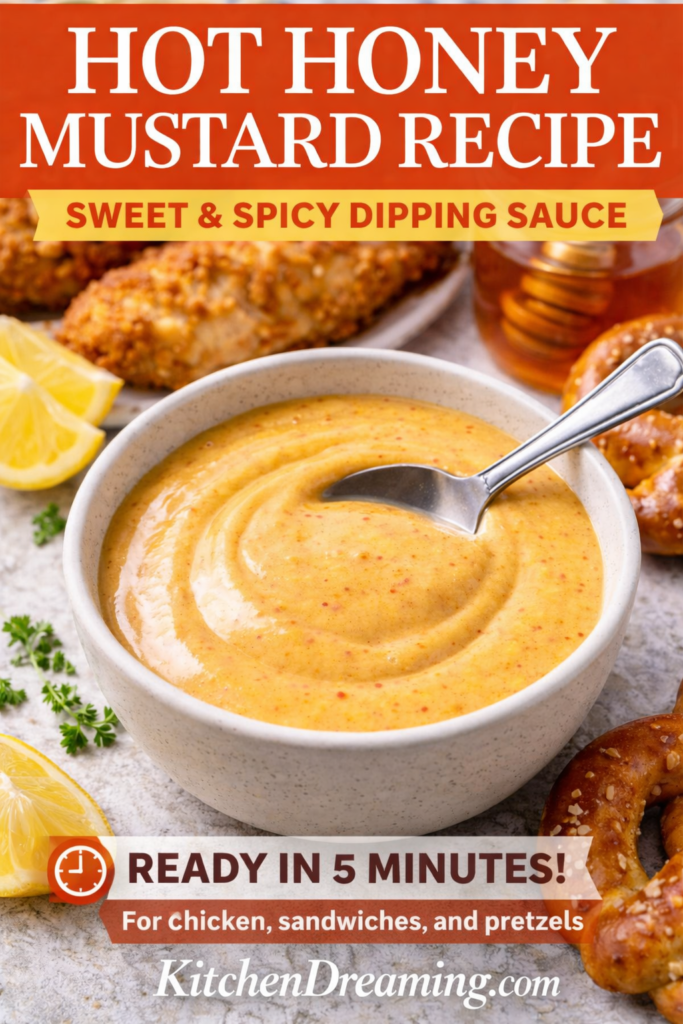 Hot Honey Mustard Recipe (Creamy Sweet and Spicy Dipping Sauce) 9 Hot honey mustard recipe in a bowl with chicken tenders, pretzels, and honey.