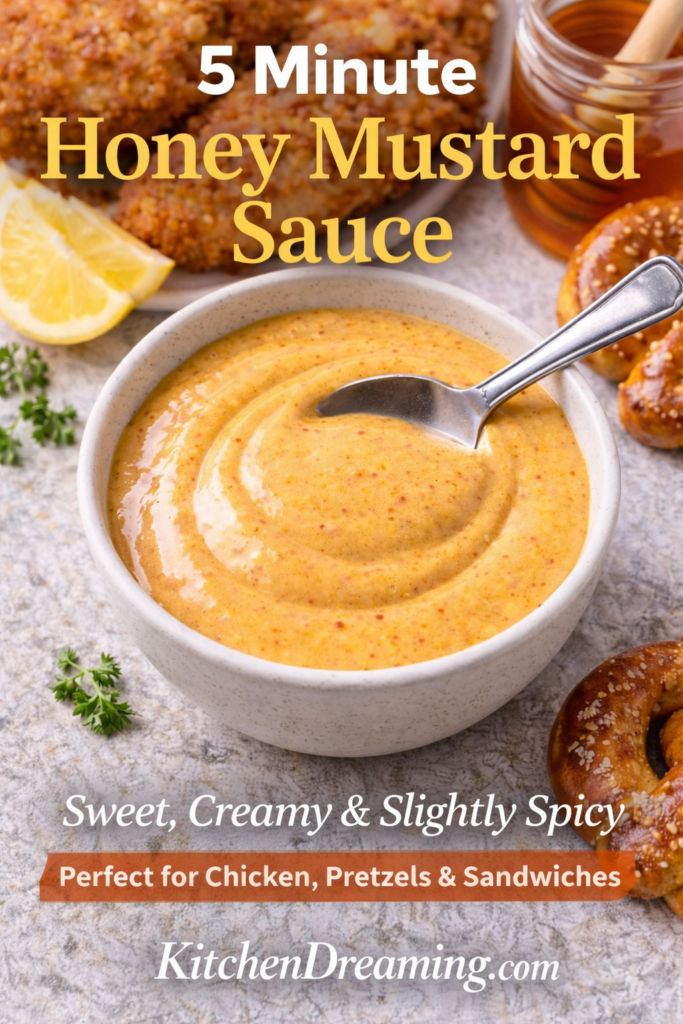 Hot Honey Mustard Recipe (Creamy Sweet and Spicy Dipping Sauce) 10 Hot honey mustard recipe in a creamy bowl served with chicken, pretzels, and lemon.
