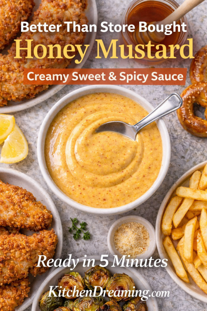 Hot Honey Mustard Recipe (Creamy Sweet and Spicy Dipping Sauce) 11 Hot honey mustard recipe in a creamy bowl served with chicken, pretzels, and lemon.