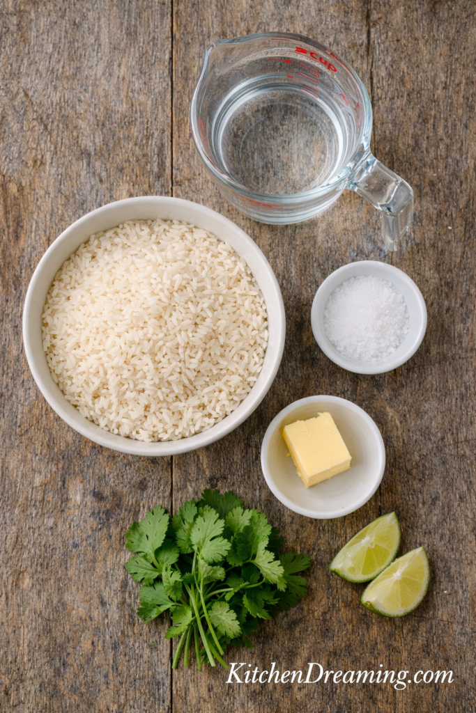 How to Cook Jasmine Rice (Perfect Fluffy Jasmine Rice) 2 How to cook jasmine rice ingredients including rice, water, butter, salt, and herbs arranged overhead.