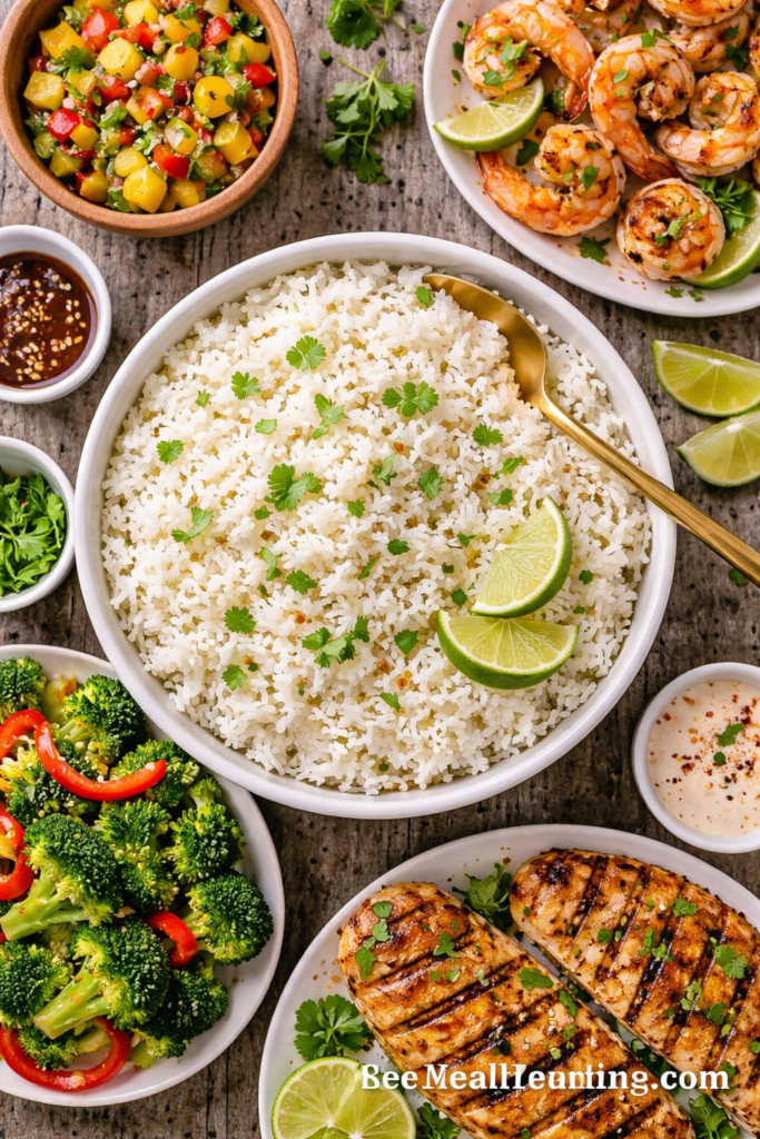 How to Cook Jasmine Rice (Perfect Fluffy Jasmine Rice) 4 How to cook jasmine rice served with grilled shrimp, chicken, vegetables, and sauces.
