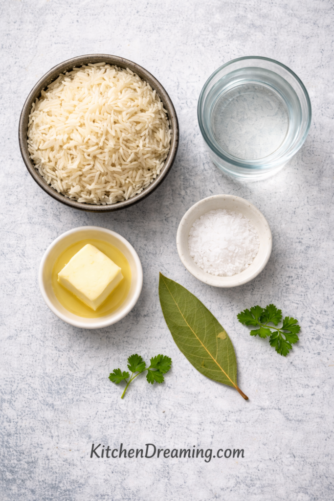 How to Cook Basmati Rice (Perfect Fluffy Basmati Rice) 2 basmati rice ingredients flat lay for easy rice recipe